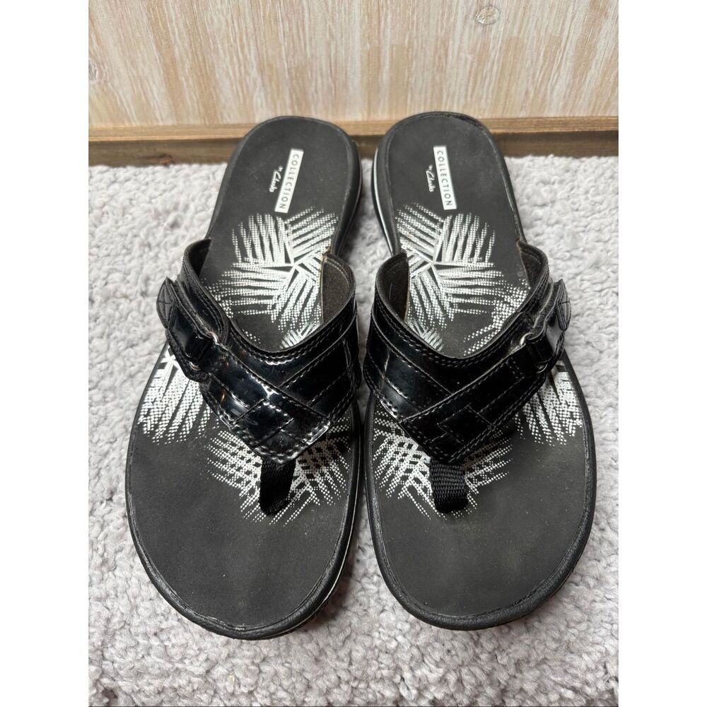 Clarks Collection Black Patent Filp Flop Sandals Adjustable Buckle Women's Size